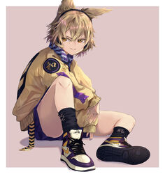  alternate_costume beige_jacket belt black_socks blonde_hair contemporary earmuffs female headphones highres jacket jichou_senshi light_brown_hair multicolored_footwear nike_(company) pointy_hair purple_nails purple_shorts scarf shoes short_hair shorts sneakers socks solo touhou toyosatomimi_no_miko yellow_eyes 