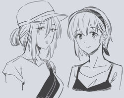  2girls casual collarbone fanny_pack freckles greyscale hair_between_eyes hairband hat jewelry monochrome multiple_girls necklace orikuchi_hirata short_hair short_ponytail short_sleeves smile tanaka_mako watashi_ga_motenai_no_wa_dou_kangaetemo_omaera_ga_warui! yoshida_masaki 