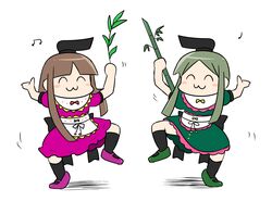  2girls :3 ^_^ apron arms_up back_bow bamboo black_bow black_headwear black_socks blush blush_stickers bow brown_hair closed_eyes closed_mouth dancing dress green_dress green_footwear green_hair hands_up happy hat kasugai_(de-tteiu) leg_up multiple_girls nishida_satono pink_dress pink_footwear plant puffy_short_sleeves puffy_sleeves red_bow shoes short_hair short_hair_with_long_locks short_sleeves simple_background smile socks standing standing_on_one_leg tanabata teireida_mai touhou white_apron white_background yellow_bow 