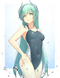  arata_(noneetyesnito) bare_shoulders blue_background breasts collarbone competition_swimsuit covered_navel cowboy_shot fate/grand_order fate_(series) female gradient_background green_hair hand_on_own_hip highres horns kiyohime_(fate) long_hair looking_at_viewer medium_breasts one-piece_swimsuit parted_lips sidelocks simple_background solo swimsuit swimsuit_tug very_long_hair water water_drop white_background yellow_eyes 