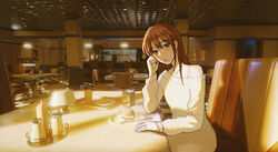  beige_sweater black_eyes brown_hair cafe chinese_commentary commentary dress female indoors jewelry long_hair long_sleeves looking_at_viewer maionese original parted_lips pendant sidelocks sitting solo sunlight sweater sweater_dress unreal_(medium) 