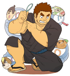  1boy :d alternate_costume arima_mineaki ashigara_(housamo) bara character_print facial_hair full_body goatee grey_kimono ikusaba_daisuke japanese_clothes kimono long_sideburns male_focus male_underwear male_underwear_peek mask muscular muscular_male nakatsugi_kyuuma oyama_soil_(osansyoup) sandals scar scar_on_cheek scar_on_face scar_on_leg short_hair sideburns smile solo spirit squatting stubble tamamura_gunzo taurus_mask thick_eyebrows tokyo_afterschool_summoners underwear unworn_mask white_male_underwear 