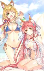  2girls ahoge animal_ear_fluff animal_ears ass_visible_through_thighs bare_shoulders beach_umbrella bikini blonde_hair blue_bikini blurry blurry_background blush bow breasts brown_eyes cleavage closed_mouth collarbone commentary_request cosplay criss-cross_halter day earrings fate/grand_order fate_(series) fingernails fox_ears green_eyes groin hair_between_eyes hair_intakes hairbow halterneck hand_up heart highres jewelry large_breasts long_hair looking_at_viewer low_twintails multiple_girls navel nero_claudius_(fate) nero_claudius_(swimsuit_caster)_(fate) nero_claudius_(swimsuit_caster)_(fate)_(cosplay) one_eye_closed open_mouth outdoors pink_hair puffy_short_sleeves puffy_sleeves round_teeth see-through seiza shiny_skin short_sleeves side-tie_bikini_bottom sitting sling_bikini_top smile striped_bikini striped_clothes sweat swimsuit tamamo_(fate) tamamo_no_mae_(swimsuit_lancer)_(fate) tamamo_no_mae_(swimsuit_lancer)_(fate)_(cosplay) tamamo_no_mae_(swimsuit_lancer)_(third_ascension)_(fate) teeth tomozero towel twintails umbrella upper_teeth_only very_long_hair white_bow 