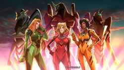  3girls absurdres adapted_uniform alex_(totally_spies) blonde_hair bodysuit breasts brown_hair clover_(totally_spies) commentary cosplay crossover dark-skinned_female dark_skin english_commentary green_bodysuit hair_ornament hand_on_own_hip highres long_hair mecha medium_breasts multiple_girls neon_genesis_evangelion pilot_suit plugsuit red_bodysuit red_hair robot sam_(totally_spies) sara_kinnaly science_fiction short_hair souryuu_asuka_langley souryuu_asuka_langley_(cosplay) totally_spies yellow_bodysuit 