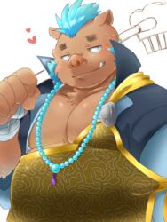  1boy animal_ears bara bead_necklace beads belly blue_hair blush boar_boy boar_ears brown_fur carrying_over_shoulder furry furry_male gakuran ganglie_(housamo) heart highres holding holding_staff jewelry large_pectorals male_focus muscular muscular_male necklace nunutarou pectoral_cleavage pectorals plump school_uniform short_hair simple_background smile snout solo staff tokyo_afterschool_summoners tusks unfinished upper_body white_background 