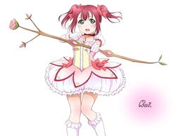  aiming aiming_at_viewer artist_name bow bow_(weapon) breasts bubble_skirt choker cosplay cowboy_shot dress female frilled_socks frills hairbow highres holding holding_bow_(weapon) holding_weapon kaname_madoka kaname_madoka_(cosplay) kaname_madoka_(magical_girl) kneehighs kurosawa_ruby looking_at_viewer love_live! love_live!_sunshine!! mahou_shoujo_madoka_magica mahou_shoujo_madoka_magica_(anime) open_mouth pink_dress puffy_short_sleeves puffy_sleeves red_bow red_choker ribbon_choker runi_(87025) short_hair short_sleeves simple_background skirt small_breasts socks solo teeth twintails upper_teeth_only weapon white_background white_socks 