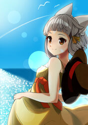  absurdres animal_ears blunt_bangs breasts cat_ears dress dress_swimsuit facial_mark female grey_hair hat highena highres nia_(xenoblade) ocean short_hair small_breasts solo sunlight swimsuit xenoblade_chronicles_(series) xenoblade_chronicles_2 yellow_dress yellow_eyes 