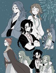  2girls 3boys bad_id bad_twitter_id black_hair blue_hair blush braid braided_ponytail closed_eyes diting_(the_legend_of_luoxiaohei) earrings fireworks green_hair grey_hair hair_bun highres horns jewelry lanxi_zhen laojun_(the_legend_of_luoxiaohei) li_qingning_(the_legend_of_luoxiaohei) long_hair long_sleeves looking_at_viewer luo_xiaohei_zhanji multiple_boys multiple_girls paintbrush pointy_ears red_hair short_sleeves single_hair_bun single_horn sirakaro smile xuan_li_(the_legend_of_luoxiaohei) yan_ming_(the_legend_of_luoxiaohei) 