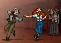  2022 5_fingers angel_(lady_and_the_tramp) anthro anthrofied ascot bird_dog black_nose boots bottomwear breasts brown_body brown_fur canid canine canis canon_couple clothing cocker_spaniel dancing digital_media_(artwork) disney domestic_dog duo_focus female fingers folwilliar footwear fur grey_body grey_fur group high_heeled_boots high_heels humanoid_hands hunting_dog lady_(lady_and_the_tramp) lady_and_the_tramp male male/female mammal mixed_breed open_mouth open_smile pants pomeranian pomsky scamp_(lady_and_the_tramp) schnauzer skirt smile spaniel spitz standing suspenders tan_body tan_fur teeth tongue topwear tramp_(lady_and_the_tramp) vest 