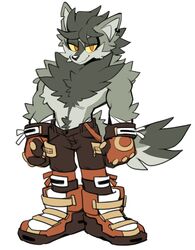  1boy animal_ears bad_id bad_twitter_id body_fur boots brown_pants clenched_hands colored_sclera commentary earrings english_commentary full_body furry furry_male gloves grey_fur grey_hair half-closed_eyes highres jewelry kaijumilk_(milkchaotea) looking_at_viewer male_focus orange_eyes orange_footwear original pants ryder_(milkchaotea) simple_background single_earring smile solo standing tail topless_male white_background wolf_boy wolf_ears wolf_tail yellow_sclera 