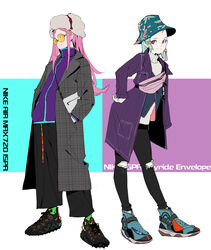  2girls absurdres anemone_(eureka_seven) bag black_pants casual coat commentary denim earrings eureka_(eureka_seven) eureka_seven eureka_seven_(series) fashion flat_chest fur_hat green_eyes hair_ornament hairclip hand_in_pocket handbag hat highres jeans jewelry long_hair looking_at_viewer makai multiple_girls nike_(company) orange_eyes pants parted_bangs photoshop_(medium) pink_hair pinstripe_pattern product_placement purple_eyes round_eyewear shoes short_hair single_earring smile sneakers streetwear striped sunglasses sweater torn_clothes torn_jeans torn_pants trench_coat triangle_earrings turtleneck turtleneck_sweater unmoving_pattern ushanka 