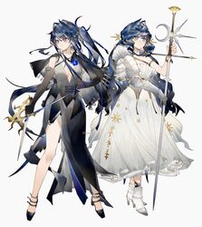  2girls arknights astesia_(arknights) astgenne_(arknights) black_dress black_footwear blue_eyes blue_flower blue_hair diamond-shaped_pupils diamond_(shape) dress flower full_body gauntlets hair_intakes high_heels highres holding holding_sword holding_weapon long_hair multiple_girls ponytail simple_background single_gauntlet standing sword symbol-shaped_pupils weapon white_background white_dress white_footwear yuji_(fantasia) 