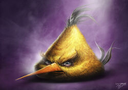  2010 angry angry_birds artist_name avian beak bird bodily_fluids chuck_(angry_birds) crying feathers feral frown frown_eyebrows goes_hard half-closed_eyes narrowed_eyes orange_beak purple_background realistic rovio_entertainment sam_spratt sega signature simple_background solo tears yellow_body yellow_feathers 