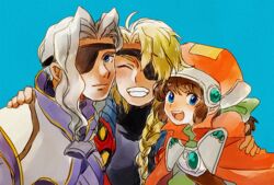  2boys bartholomew_fatima blonde_hair blue_eyes braid brown_hair closed_mouth eyepatch female fingerless_gloves gloves hair_over_shoulder hat hirumae long_hair looking_at_viewer marguerite_fatima multiple_boys open_mouth orange_headwear ponytail sigurd_harcourt simple_background smile white_hair xenogears 