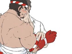  2boys back bara blush collared_shirt couple covered_face facial_hair flustered goatee hachimaki hand_on_another&#039;s_arm hand_on_another&#039;s_shoulder headband highres kissing kissing_cheek long_sideburns male_focus mature_male me-me_(mouact2) midriff_sarashi multiple_boys muscular muscular_male nejiri_hachimaki pectorals protagonist_3_(housamo) sarashi shirt short_hair sideburns solo_focus stubble surprise_kiss surprised tajikarao_(housamo) thick_eyebrows tokyo_afterschool_summoners trembling tusks upper_body yaoi 