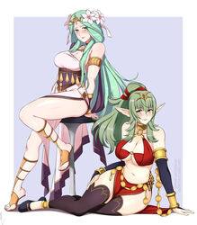  2girls alternate_costume bare_legs blush border breasts cleavage cosplay dancer dancer_(fire_emblem:_three_houses) english_commentary feet fire_emblem fire_emblem:_three_houses fire_emblem_awakening fire_emblem_heroes green_eyes green_hair large_breasts legs lindaroze long_hair looking_at_viewer multiple_girls nail_polish olivia_(fire_emblem) olivia_(fire_emblem)_(cosplay) pointy_ears ponytail rhea_(fire_emblem) sandals sitting smile thighhighs tiki_(adult)_(fire_emblem) tiki_(fire_emblem) toes underboob white_border wide_hips 