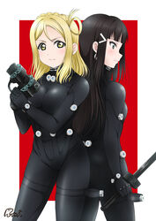  2girls absurdres aqua_eyes artist_name black_bodysuit black_legwear blonde_hair blunt_bangs bodysuit breasts closed_mouth commentary cowboy_shot gantz gantz_suit gantz_sword gun hands_up highres holding holding_gun holding_sword holding_weapon kurosawa_dia light_blush lipgloss lips long_hair looking_at_viewer looking_to_the_side love_live! love_live!_sunshine!! medium_breasts medium_hair multiple_girls ohara_mari runi_(87025) serious small_breasts sword weapon yellow_eyes 