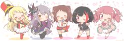  5girls \o/ ^_^ absurdres arms_up band_uniform bang_dream! black_flower black_hair black_shirt blonde_hair blue_flower blue_rose blush_stickers bob_cut boots bow brown_hair chibi closed_eyes clothing_cutout commentary_request cone_hair_bun denim denim_shorts detached_sleeves dress flower full_body hair_bun hair_ornament hairbow hairclip hat highres holding holding_microphone idol_clothes leaning_forward light_purple_hair lightning_bolt_symbol long_hair maruyama_aya microphone minato_yukina mitake_ran mitarashi_neko multicolored_hair multiple_girls navel navel_cutout one_eye_closed open_mouth outstretched_arms pink_eyes pink_hair pointing pointing_up polka_dot polka_dot_bow print_shirt purple_eyes red_hair rose shako_cap shirt short_hair short_shorts short_sleeves shorts side-by-side sidelocks sleeveless sleeveless_shirt standing standing_on_one_leg star_(symbol) star_hair_ornament starry_background streaked_hair swept_bangs t-shirt teeth thigh_boots thighhighs torn_clothes toyama_kasumi tsurumaki_kokoro twintails twitter_username upper_teeth_only v wrist_bow wrist_cuffs yellow_eyes zettai_ryouiki 