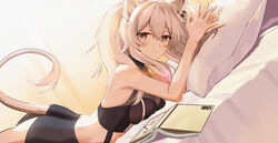  animal_ears bed book changpan_hutao hololive long_hair shishiro_botan tail 