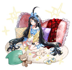  :o absurdly_long_hair ahoge bare_shoulders black_hair black_ribbon blanket blue_bow blue_eyes blue_ribbon blue_socks blush bow camisole cardigan choker crescent female frilled_pillow frills fur_trim hairband hairbow highres hk_(wgyz7222) holding holding_toy huge_ahoge jewelry long_hair long_sleeves looking_at_viewer loose_socks low-tied_long_hair no_shoes off_shoulder pajamas panilla_the_revival pendant pendant_choker pillow plaid plaid_pillow pointy_ears polka_dot polka_dot_camisole pom_pom_(clothes) ribbon rug sidelocks simple_background sitting slippers socks solo sparkle star_(symbol) strap_slip striped_clothes striped_socks stuffed_animal stuffed_rabbit stuffed_toy stuffed_unicorn teddy_bear thigh_strap toy unworn_slippers very_long_hair wariza white_background yellow_cardigan yellow_footwear 