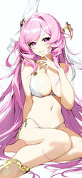  ahivemind bad_id bad_pixiv_id bare_arms bare_legs bikini breasts cleavage elysia_(honkai_impact) female finger_to_mouth highres honkai_(series) honkai_impact_3rd large_breasts long_hair looking_at_viewer navel parted_lips pink_hair red_eyes side-tie_bikini_bottom sitting smile solo swimsuit very_long_hair white_background white_bikini 