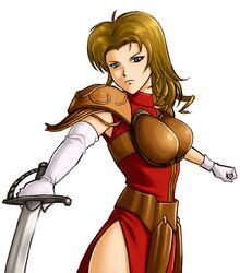  armor blonde_hair blue_eyes breastplate closed_mouth commentary_request female gensou_suikoden gensou_suikoden_i gloves long_hair looking_at_viewer rakusai_(saisai_garou) shoulder_armor simple_background solo sword valeria_(suikoden) weapon white_background white_gloves 