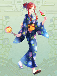  :d bad_id bad_pixiv_id bag blue_kimono brown_eyes commentary_request dairoku_ryouhei dragonfly_print egasumi female floral_print food full_body hair_bun hair_ornament hair_stick hair_up hi-na1 holding holding_bag holding_food japanese_clothes kimono kinchaku looking_at_viewer netsuke obi open_mouth parted_bangs popsicle pouch red_hair sandals sash seigaiha sidelocks simple_background single_hair_bun smile solo standing swinging watermelon_bar wide_sleeves yukata 