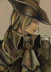  bad_id bad_pixiv_id bell blonde_hair blood blood_stain bloodborne collared_jacket female gem grey_eyes hat highres jacket lady_maria_of_the_astral_clocktower lips looking_to_the_side open_mouth parted_lips ponytail tricorne yumae 