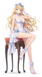  artemia_(king&#039;s_raid) bare_legs bare_shoulders blonde_hair blue_eyes blue_flower breasts bridal_veil cleavage clothing_cutout detached_collar female flower full_body grin hand_up high_heels highres king&#039;s_raid legs long_hair looking_at_viewer medium_breasts official_art one-piece_swimsuit sandals side_cutout sitting smile solo stool swimsuit thighs transparent_background veil wedding white_footwear white_one-piece_swimsuit 