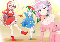  3girls absurdres ahoge alternate_costume arm_up azur_lane blue_eyes blue_hair breasts christmas cleavage commentary_request detached_sleeves flag hair_over_one_eye highres jack_(hosuhosu) large_breasts maille-breze_(azur_lane) medium_hair multiple_girls pink_eyes pink_hair red_eyes santa_costume simple_background tartu_(azur_lane) thighhighs vauquelin_(azur_lane) yellow_eyes 