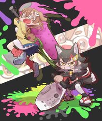  2girls absurdres animal_ears black_hair bloblobber_(splatoon) bone_hair_ornament commentary_request cosplay dog_ears dog_girl dog_tail fangs grin hair_ornament highres hololive hood inkling_girl inkling_player_character inkling_player_character_(cosplay) inugami_korone inugami_korone_(1st_costume) jacket multicolored_hair multiple_girls oerba_yun_fang ookami_mio ookami_mio_(1st_costume) open_mouth paint_roller paint_splatter pleated_skirt red_hair sandals skin_fangs skirt smile socks splat_roller_(splatoon) splatoon_(series) tail thighhighs two-tone_hair virtual_youtuber wolf_ears wolf_girl wolf_tail yellow_jacket yoshida_on 