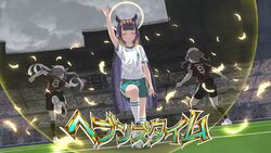  3girls alternate_costume ball black_hair blunt_bangs check_commentary closed_eyes closed_mouth commentary commentary_request gradient_hair highres hololive hololive_english houshou_marine inazuma_eleven_(series) index_finger_raised jersey laing long_hair minato_aqua multicolored_hair multiple_girls ninomae_ina&#039;nis orange_hair parody pointing pointing_up purple_hair short_sleeves shorts sidelocks smile soccer soccer_ball soccer_field soccer_uniform sportswear stadium tentacle_hair translation_request very_long_hair virtual_youtuber 