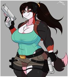  breasts canid canine canis cleavage clothed clothing cosplay domestic_dog eyewear female gun hi_res jwinkz lara_croft mammal maribelle_(jwinkz) ranged_weapon smile solo sunglasses tomb_raider weapon 