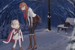  2girls aged_down antennae artist_name asymmetrical_legwear bag bench black_bag black_thighhighs blonde_hair boots bow bowtie braid braided_ponytail breasts brown_footwear brown_gloves brown_skirt cape chinese_commentary christmas closed_eyes closed_mouth cup dated dated_commentary dress g36_(every_child&#039;s_x&#039;mas_dream)_(girls&#039;_frontline) g36_(girls&#039;_frontline) girls&#039;_frontline glasses gloves green_eyes hair_ornament hairclip hands_on_legs high_heel_boots high_heels highres himos holding holding_cup long_hair long_sleeves looking_at_another looking_down maid_headdress medium_breasts merry_christmas multiple_girls official_alternate_costume orange_hair outdoors pantyhose red_cape red_scarf scarf short_hair skirt small_breasts smile snow snowflake_background socks springfield_(girls&#039;_frontline) springfield_(o_holy_night)_(girls&#039;_frontline) standing sweater thighhighs tree unworn_bag white_dress white_socks white_sweater white_thighhighs winter 