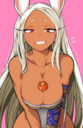  :d absurdres animal_ears arm_belt artist_name bare_shoulders boku_no_hero_academia breasts carrot chains chest_belt cleavage collarbone dark-skinned_female dark_skin female food_between_breasts highleg highleg_leotard highres large_breasts leotard long_eyelashes long_hair looking_at_viewer mirko parted_bangs pink_background poolpool print_sleeves rabbit_ears rabbit_girl raised_eyebrows red_eyes single_sleeve smile solo strapless strapless_leotard teeth toned white_hair white_leotard wide_hips 