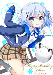  :d blue_eyes blue_hair blue_jacket blush brown_footwear character_name clockwork_rabbit commentary dated female gochuumon_wa_usagi_desu_ka? grey_socks hair_between_eyes hair_ornament happy_birthday jacket kafuu_chino kneehighs long_sleeves looking_at_viewer massala open_clothes open_jacket open_mouth outline plaid plaid_skirt pleated_skirt shirt shoes short_hair simple_background skirt smile socks solo tippy_(gochiusa) white_outline white_shirt x_hair_ornament 