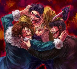  3boys black_hair black_pants blue_coat coat crossover dagger earrings eyepatch facial_hair fur_trim gesugao glasgow_smile glasses glowing glowing_eyes hand_around_neck hand_grab hand_on_another&#039;s_neck holding holding_knife imminent_fight irezumi ishida_to_asakura jewelry kakihara_masao kamizawa_(sark) knife koroshiya_ichi majima_goro male_focus moustache multiple_boys multiple_earrings one-eyed pants red_background red_eyes ryuu_ga_gotoku ryuu_ga_gotoku_(series) ryuu_ga_gotoku_1 scar scar_on_face sideburns snake_print suzuki_(ishida_to_asakura) tattoo tongue tongue_out weapon 