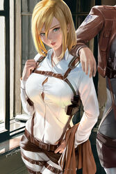  1girls attack_on_titan big_breasts blonde_hair breasts christa_lenz clothed cowboy_shot green_eyes historia_reiss lips looking_at_viewer shingeki_no_kyojin short_hair uniform zumi 