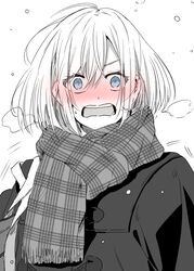  ahoge bag blue_eyes blush breath check_commentary coat commentary_request ear_blush embarrassed eyes_visible_through_hair female full-face_blush highres holding holding_bag looking_at_viewer monochrome motion_lines open_mouth original plaid plaid_scarf pov scarf shiime snowing solo spot_color surprised upper_body white_background 