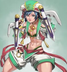  abs bad_id bad_pixiv_id bikini bladed_tonfa blue_hair breasts commentary_request dual_wielding female fighting_stance green_bikini green_eyes hat highleg highleg_bikini highres hip_vent holding lips medium_hair midriff navel nose o-ring shinonome_(game_hakkutsu_tai) shorts small_breasts solo soulcalibur swimsuit talim toned tonfa vest weapon 