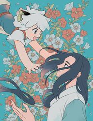  2boys animal_ears aqua_background bad_id bad_twitter_id black_hair cat_boy cat_ears floating_hair floral_background flower hand_up highres leaf long_hair low-tied_long_hair luo_xiaohei luo_xiaohei_(human) luo_xiaohei_zhanji multiple_boys open_mouth plant profile red_flower short_hair short_sleeves sirakaro smile white_flower white_hair wuxian_(the_legend_of_luoxiaohei) 