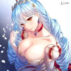  angeline artist_name bad_id bad_pixiv_id blue_hair breasts brown_eyes choker cleavage collarbone commentary_request dress drill_hair earrings female gradient_background hand_up hi-na1 jewelry large_breasts long_hair looking_at_viewer puffy_sleeves red_choker sennen_sensou_aigis simple_background solo tiara upper_body white_dress 