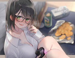  bag_of_chips bed black-framed_eyewear black_hair blurry blurry_background blush breasts chips_(food) cleavage collarbone collared_shirt commentary_request controller depth_of_field dress_shirt female food game_controller glasses green_eyes hair_between_eyes hand_up holding holding_controller indoors large_breasts long_sleeves nose_blush open_mouth original potato_chips pringles shirt sleeves_past_wrists solo sweat tissue_box wavy_mouth white_shirt wooden_floor yukimiya_yuge 