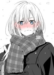  ahoge bag blue_eyes blush breath check_commentary coat commentary_request ear_blush embarrassed eyes_visible_through_hair female full-face_blush highres holding holding_bag looking_at_viewer monochrome original plaid plaid_scarf pov scarf shiime snowing solo spot_color upper_body white_background 