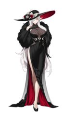  absurdres arm_at_side bad_id bad_pixiv_id bare_shoulders black_dress black_footwear black_gloves black_hat breast_suppress breasts closed_mouth crossed_legs dress earrings elbow_gloves female fishnets flower full_body fur_shawl fur_trim glint gloves hair_over_breasts hair_over_one_eye hat hat_flower hat_ribbon highres jewelry large_breasts long_hair manamachii one_eye_covered panilla_the_revival pointy_ears red_eyes red_flower red_rose ribbon rose shawl shoes side_slit simple_background sleeveless sleeveless_dress smile solo standing sun_hat two-sided_fabric two-sided_headwear two-sided_skirt veil very_long_hair watson_cross white_background white_hair white_ribbon 