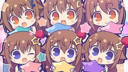  6+girls blue_eyes brown_eyes brown_hair chibi commentary_request hair_ornament holding holding_star hololive hoshikuzu_no_yoru looking_at_viewer multiple_girls multiple_persona one_eye_closed open_mouth smile star_(symbol) star_hair_ornament tokino_sora tokino_sora_(1st_costume) tokino_sora_(old_design) virtual_youtuber 