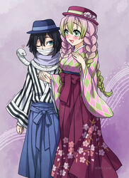  1boy :d animal artist_name black_hair blue_eyes blue_hakama blue_headwear blush braid breasts checkered_clothes checkered_kimono commentary_request covered_mouth female floral_print flower gradient_hair green_eyes green_hair hair_between_eyes hakama hakama_skirt hands_up hat hat_flower heart highres iguro_obanai japanese_clothes kaburamaru kanroji_mitsuri kimetsu_no_yaiba kimono long_hair long_sleeves medium_breasts mole mole_under_eye mono_land multicolored_hair one_eye_closed open_mouth photoshop_(medium) pink_eyes pink_flower pink_hair print_hakama red_hakama red_headwear shirt signature skirt smile snake striped_clothes striped_kimono taishou tri_braids vertical-striped_clothes vertical-striped_kimono very_long_hair white_shirt white_snake wide_sleeves 