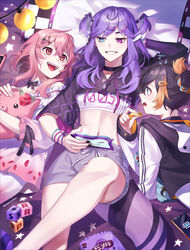  3girls absurdres ahoge bandaged_arm bandages bare_shoulders bed_sheet black_choker black_hair black_hoodie black_nails blue_eyes blush bracelet brown_eyes chips_(food) choker dolphin_shorts dragon_girl dragon_tail eye_contact food gradient_clothes hair_ornament hairclip handheld_game_console head_wings heterochromia highres hood hoodie jacket jewelry long_sleeves looking_at_another lying medium_hair midriff multicolored_clothes multicolored_eyes multicolored_hair multicolored_jacket multiple_girls nail_polish navel nijisanji nijisanji_en obsydia_(nijisanji) orange_hair pajamas papercider petra_gurin pillow pink_eyes pink_hair pink_pajamas pointy_ears potato_chips purple_eyes purple_hair purple_shorts purple_wings rosemi_lovelock scrunchie selen_tatsuki shirt short_hair short_sleeves shorts shrug_(clothing) sleeves_past_wrists smile straight_hair tail twitter_username virtual_youtuber white_choker white_hoodie white_pajamas white_shirt wings wristband 