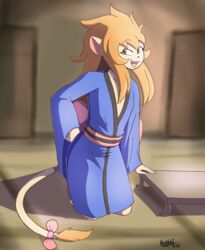  anthro ashter_(howsplendid) asian_clothing clothing east_asian_clothing felid femboy hand_on_hip hand_on_table hi_res howsplendid japanese_clothing kimono lion male mammal open_mouth oriental pantherine smile solo 