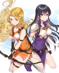  2girls ayra_(fire_emblem) belt belt_buckle black_hair blonde_hair brigid_(fire_emblem) buckle commentary_request commission dress fingerless_gloves fire_emblem fire_emblem:_genealogy_of_the_holy_war gloves haru_(nakajou-28) holding holding_weapon long_hair looking_at_viewer multiple_girls purple_dress purple_eyes skeb_commission thighs weapon yellow_eyes 